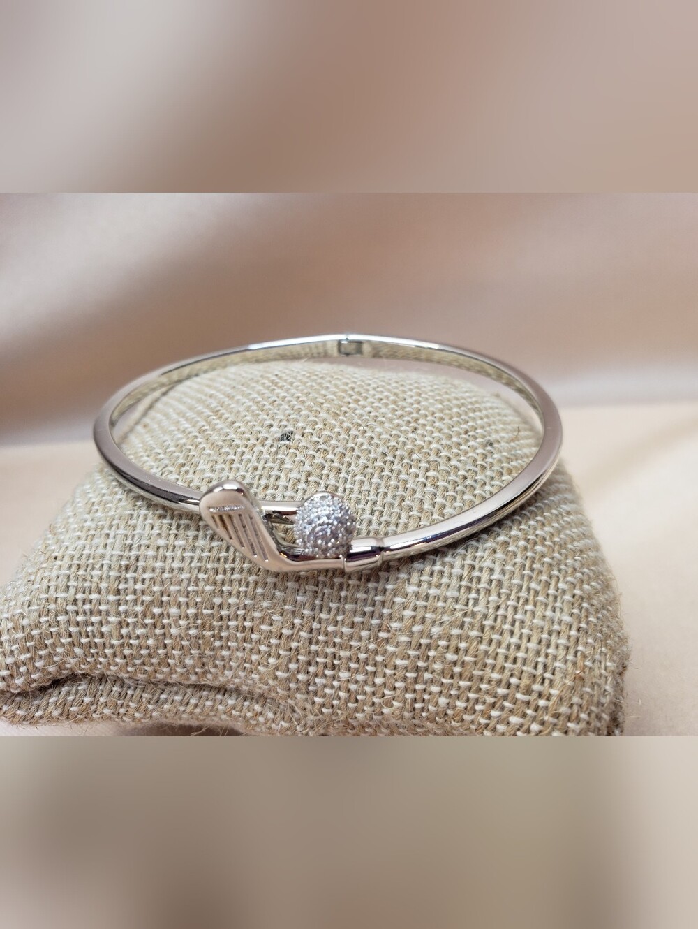 Sterling Silver CZ Golf Club and Golf Ball Hinged Bangle Bracelet Signed NG 925